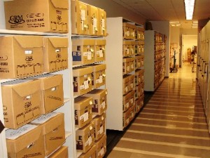 Wall of Boxes Stored in Lateral Mobile Shelving